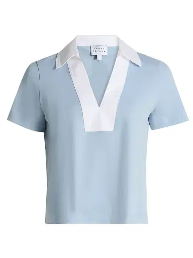 TANYA TAYLOR Women's Melanie Johnny Collar Cotton Short-Sleeve Top - Powder Blue | Thumbnail 1 TANYA TAYLOR Women's Melanie Johnny Collar Cotton Short-Sleeve Top - Powder Blue | Thumbnail 1