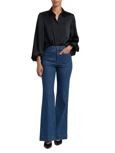 TANYA TAYLOR Women's Marina Charmeuse Balloon-Sleeve Blouse - Black - Size Small | Thumbnail 2
