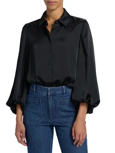 TANYA TAYLOR Women's Marina Charmeuse Balloon-Sleeve Blouse - Black - Size Small | Thumbnail 3