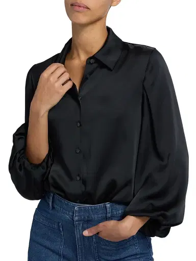 TANYA TAYLOR Women's Marina Charmeuse Balloon-Sleeve Blouse - Black - Size Small | Thumbnail 6