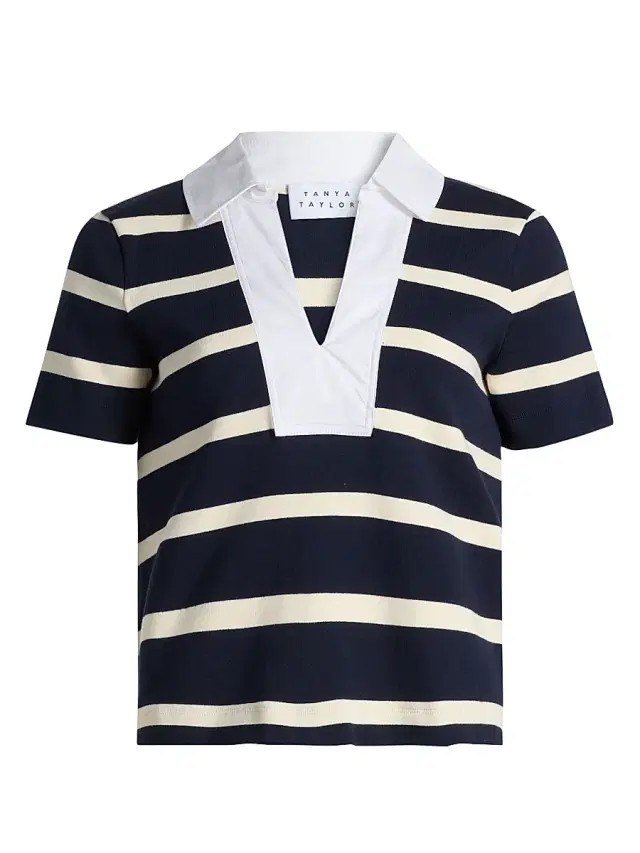 Tanya Taylor Women's Melanie Striped Stretch Cotton Top - Maritime Blue Wide Stripe