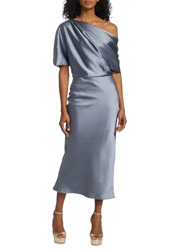 Amsale Women's Draped Satin Pencil Midi-Dress - Slate | Thumbnail 3