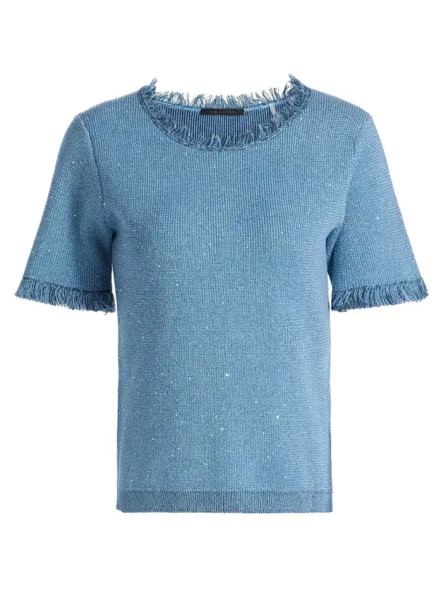 Kobi Halperin Women's Kate Fray-Trim Short-Sleeve Linen-Blend Sweater - Blue