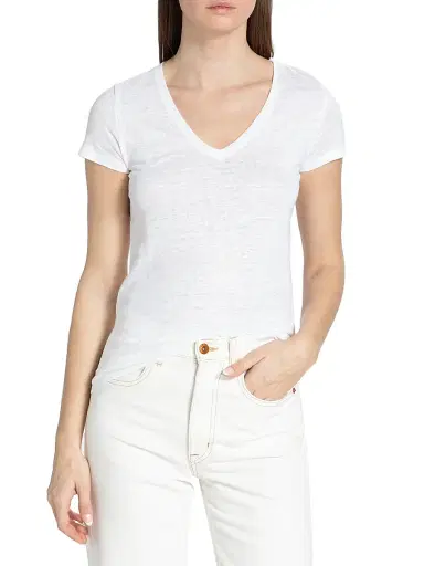 MAJESTIC FILATURES Women's Stretch Linen V-Neck T-Shirt - Blanc - Size Medium | Thumbnail 3