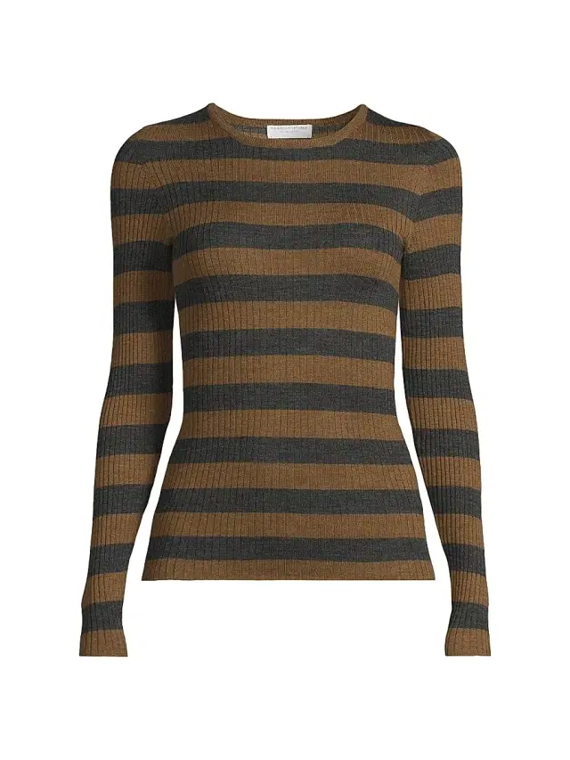 Majestic Filatures Women's Striped Merino Wool Long-Sleeve Top - Camel Anthracite Chine