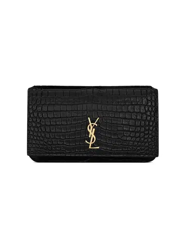 Saint Laurent Women's Cassandre Phone Holder in Shiny Crocodile-Embossed Leather | Thumbnail 3