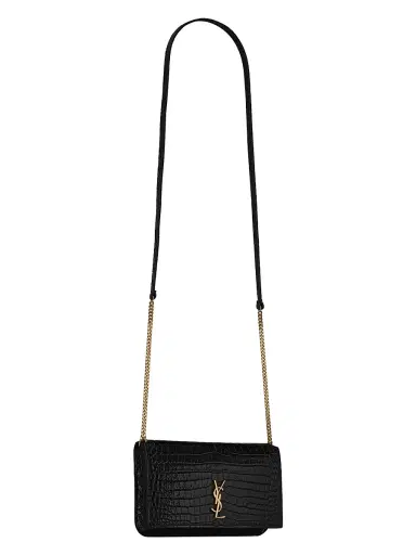 Saint Laurent Women's Cassandre Phone Holder in Shiny Crocodile-Embossed Leather | Thumbnail 5
