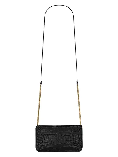 Saint Laurent Women's Cassandre Phone Holder in Shiny Crocodile-Embossed Leather | Thumbnail 6