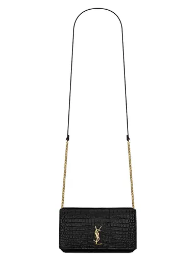 Saint Laurent Women's Cassandre Phone Holder in Shiny Crocodile-Embossed Leather | Thumbnail 1
