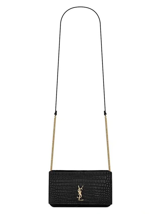Saint Laurent Women's Cassandre Phone Holder in Shiny Crocodile-Embossed Leather - Black