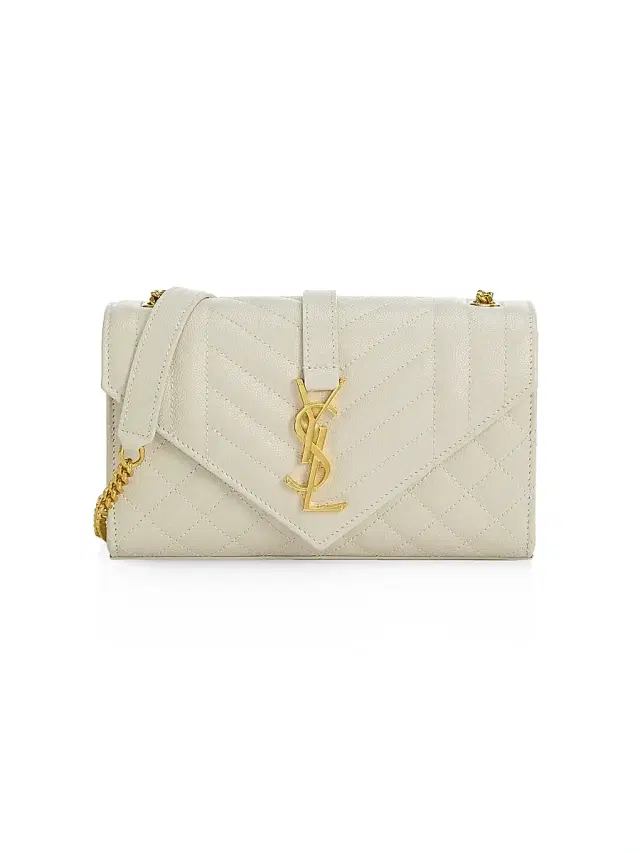 Saint Laurent Women's Envelope  Shoulder Bag in Quilted Grain De Poudre Embossed Leather - Bianco Cream