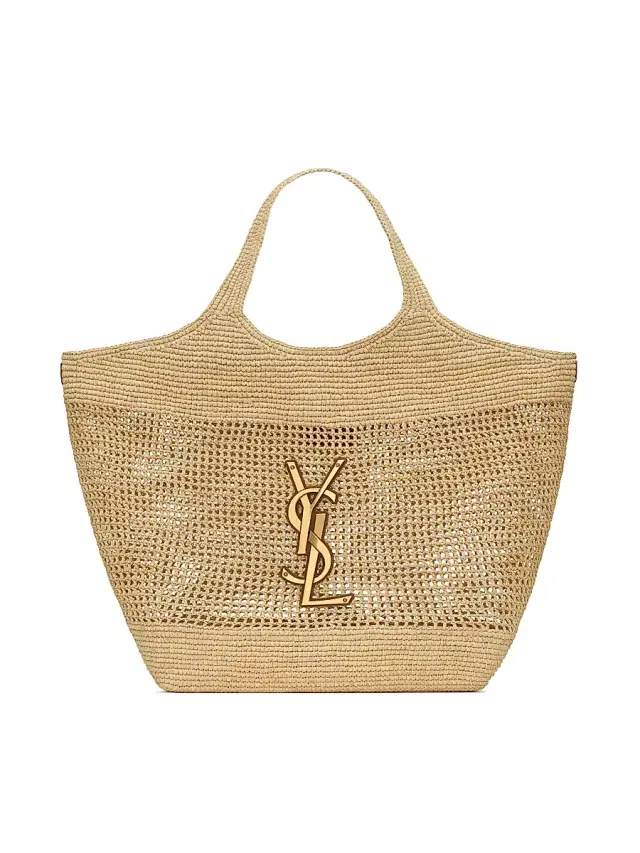 Saint Laurent Women's Icare Tote Bag in Raffia - Naturel And Brown Gold