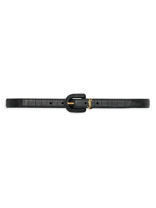 Saint Laurent Women's Cassandre Covered U Buckle Thin Belt in Crocodile-Embossed Leather - Black
