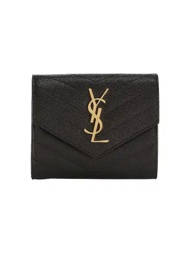 Saint Laurent Women's Cassandre Matelassé Compact Tri Fold Wallet In Grain De Poudre Embossed Leather - Nero | Thumbnail 1