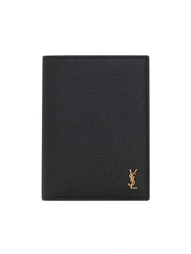 Saint Laurent Men's Tiny Cassandre Credit Card Wallet in Grained Leather - Black