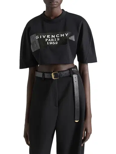 Givenchy Women's Cropped Fit T-Shirt in Cotton with  Tape - Black | Thumbnail 3