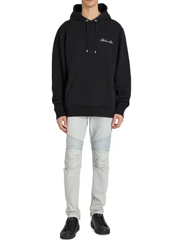 Balmain Men's Logo-Embroidered Cotton Hoodie - Black White | Thumbnail 2
