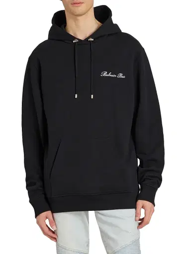 Balmain Men's Logo-Embroidered Cotton Hoodie - Black White | Thumbnail 3