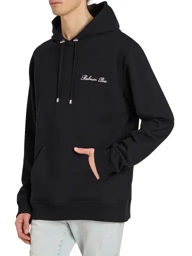 Balmain Men's Logo-Embroidered Cotton Hoodie - Black White | Thumbnail 4