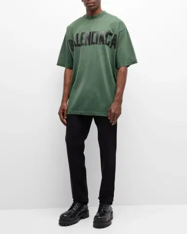 Balenciaga Men 's Taped-Logo Distressed T-Shirt | Thumbnail 2