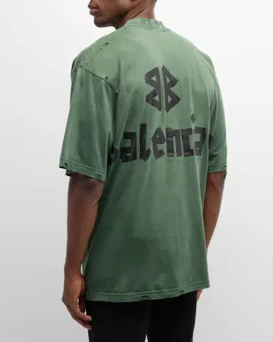 Balenciaga Men 's Taped-Logo Distressed T-Shirt | Thumbnail 3