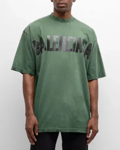 Balenciaga Men 's Taped-Logo Distressed T-Shirt | Thumbnail 4