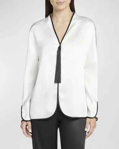 Giorgio Armani Tassel Silk Blouse with Contrast Tipping | Thumbnail 2 Giorgio Armani Tassel Silk Blouse with Contrast Tipping | Thumbnail 2