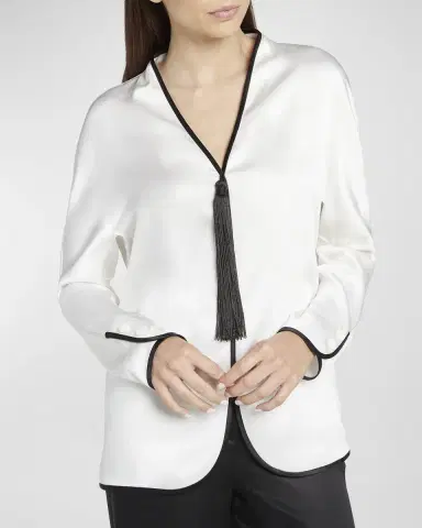 Giorgio Armani Tassel Silk Blouse with Contrast Tipping | Thumbnail 7 Giorgio Armani Tassel Silk Blouse with Contrast Tipping | Thumbnail 7