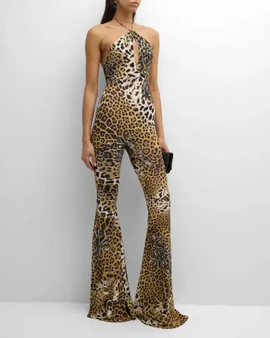 Roberto Cavalli Leopard-Print Halter Flared Jumpsuit | Thumbnail 3 Roberto Cavalli Leopard-Print Halter Flared Jumpsuit | Thumbnail 3