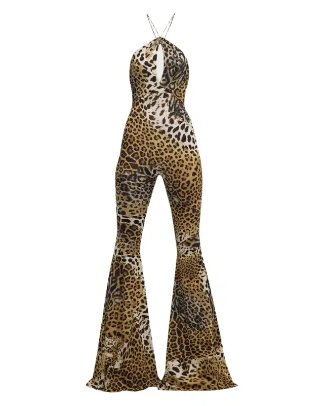 Roberto Cavalli Leopard-Print Halter Flared Jumpsuit