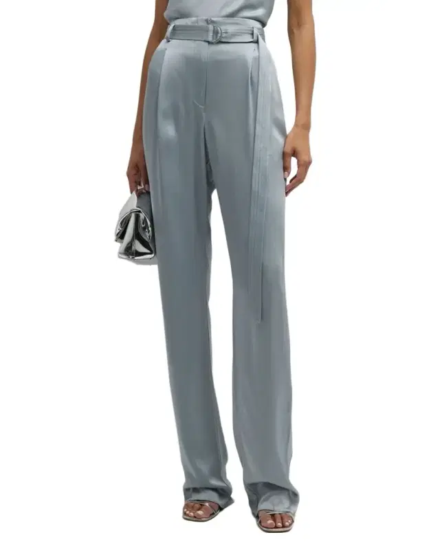 LAPOINTE High-Rise Belted Pleated Straight-Leg Doubleface Satin Pants