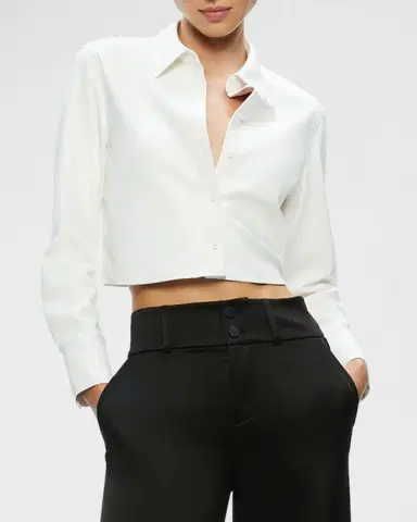 Alice + Olivia Leon Cropped Vegan Leather Button-Front Shirt | Thumbnail 4