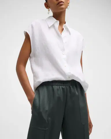 Vince Cap-Sleeve Linen Button-Front Blouse | Thumbnail 8