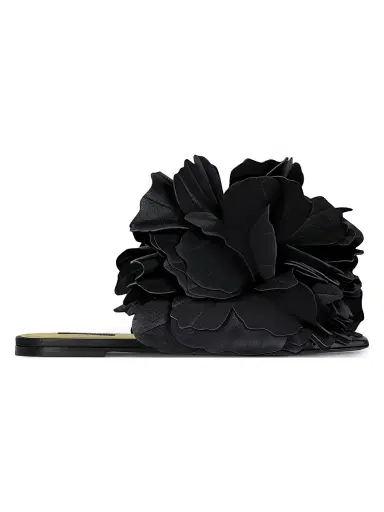 Givenchy Women's Boudoir Flat Mule Sandals in Leather with Petals - Black - Size 8 | Thumbnail 1