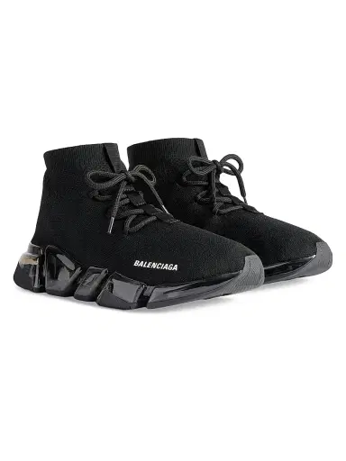 Balenciaga Women's Speed 2.0 Lace Up Full Clear Sole Recycled Knit Sneakers - Black | Thumbnail 2