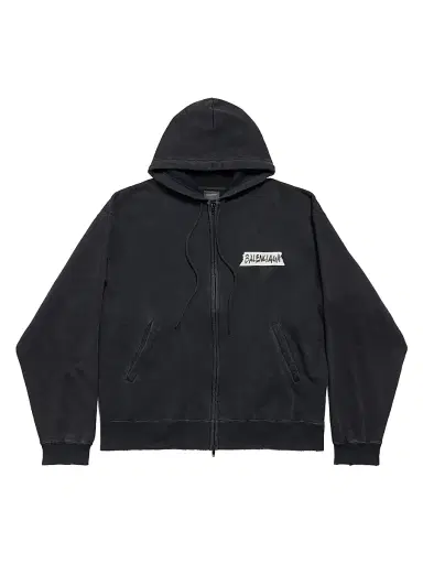Balenciaga Men's Masking Tape Oversized Zip-Up Hoodie - Faded Black - Size XXL | Thumbnail 1 Balenciaga Men's Masking Tape Oversized Zip-Up Hoodie - Faded Black - Size XXL | Thumbnail 1