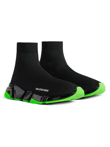 Balenciaga Men's Speed 2.0 Full Clear Sole Knit Sneakers - Black Neon Green | Thumbnail 2 Balenciaga Men's Speed 2.0 Full Clear Sole Knit Sneakers - Black Neon Green | Thumbnail 2