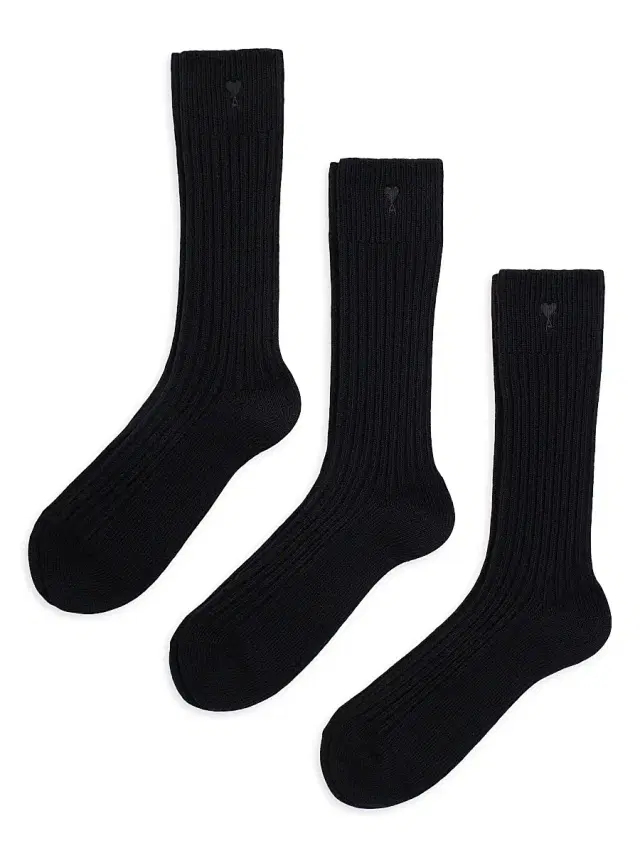 AMI Paris Men's Quota Rib-Knit Cotton-Blend Socks 3-Pack - Noir