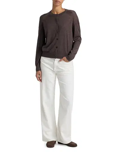 Loulou de Saison Women's Kita Fine Crewneck Cardigan - Brown Melange | Thumbnail 2 Loulou de Saison Women's Kita Fine Crewneck Cardigan - Brown Melange | Thumbnail 2