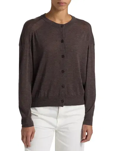 Loulou de Saison Women's Kita Fine Crewneck Cardigan - Brown Melange | Thumbnail 3 Loulou de Saison Women's Kita Fine Crewneck Cardigan - Brown Melange | Thumbnail 3