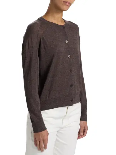 Loulou de Saison Women's Kita Fine Crewneck Cardigan - Brown Melange | Thumbnail 4 Loulou de Saison Women's Kita Fine Crewneck Cardigan - Brown Melange | Thumbnail 4