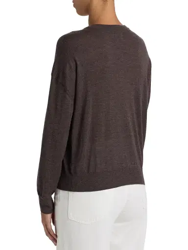 Loulou de Saison Women's Kita Fine Crewneck Cardigan - Brown Melange | Thumbnail 5 Loulou de Saison Women's Kita Fine Crewneck Cardigan - Brown Melange | Thumbnail 5