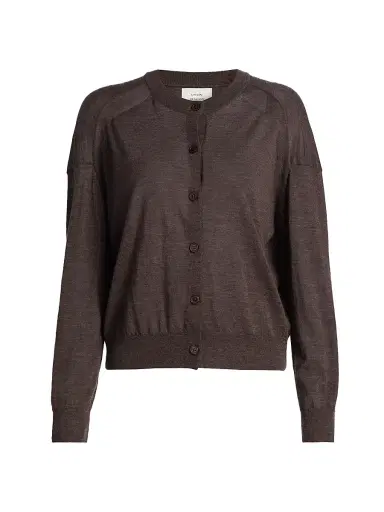 Loulou de Saison Women's Kita Fine Crewneck Cardigan - Brown Melange | Thumbnail 1 Loulou de Saison Women's Kita Fine Crewneck Cardigan - Brown Melange | Thumbnail 1