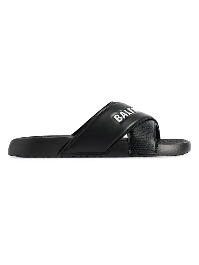 Balenciaga Men's Sporty Pool Slide Sandals - Black White