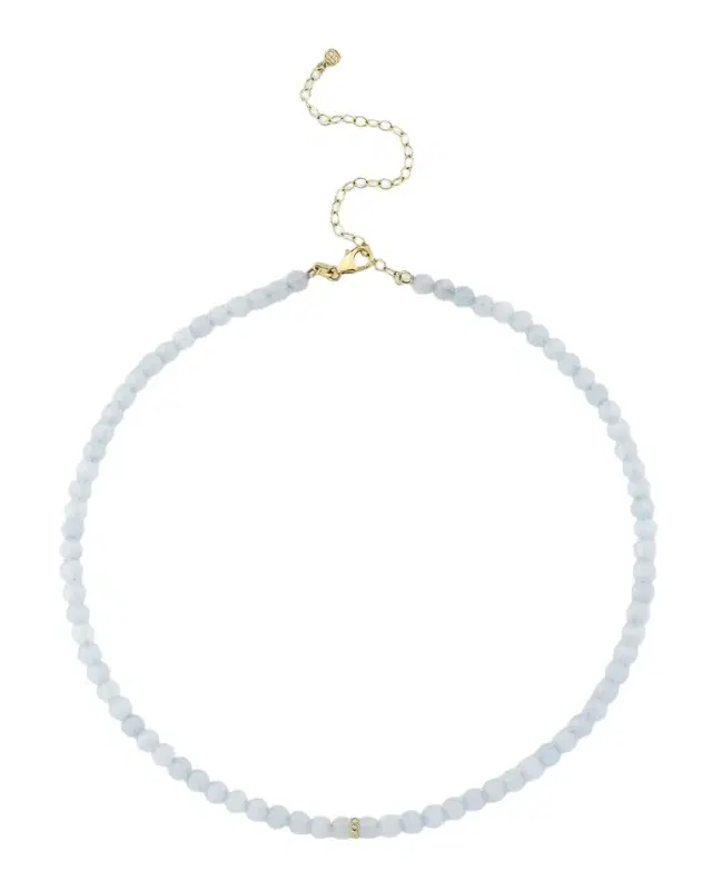 14K Diamond Bezel Rondelle Choker with Aquamarine Beads