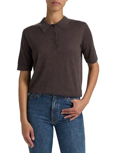 Loulou de Saison Women's Migo Fine Cashmere Polo Top - Brown Melange | Thumbnail 3