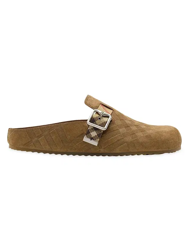 Burberry Men's Urchin Check-Trimmed Suede Clogs - Jute