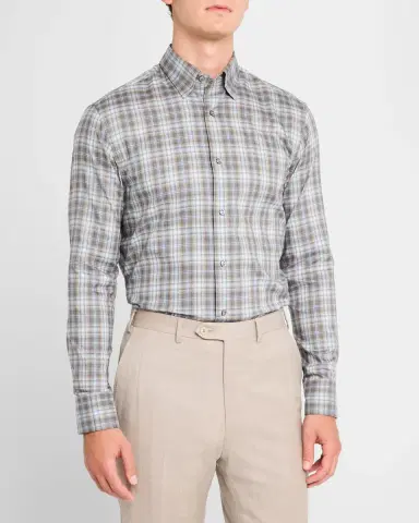 Brioni Men's Cotton Check Casual Button-Down Shirt | Thumbnail 4