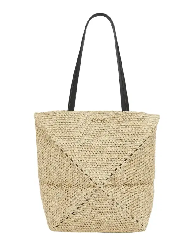 x Paula 's Ibiza Medium Puzzle Fold Tote Bag in Raffia with Leather Handles