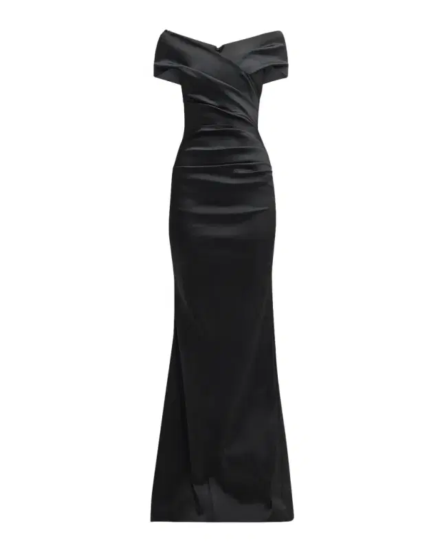 Rickie Freeman for Teri Jon Pleated Off-Shoulder Satin Column Gown